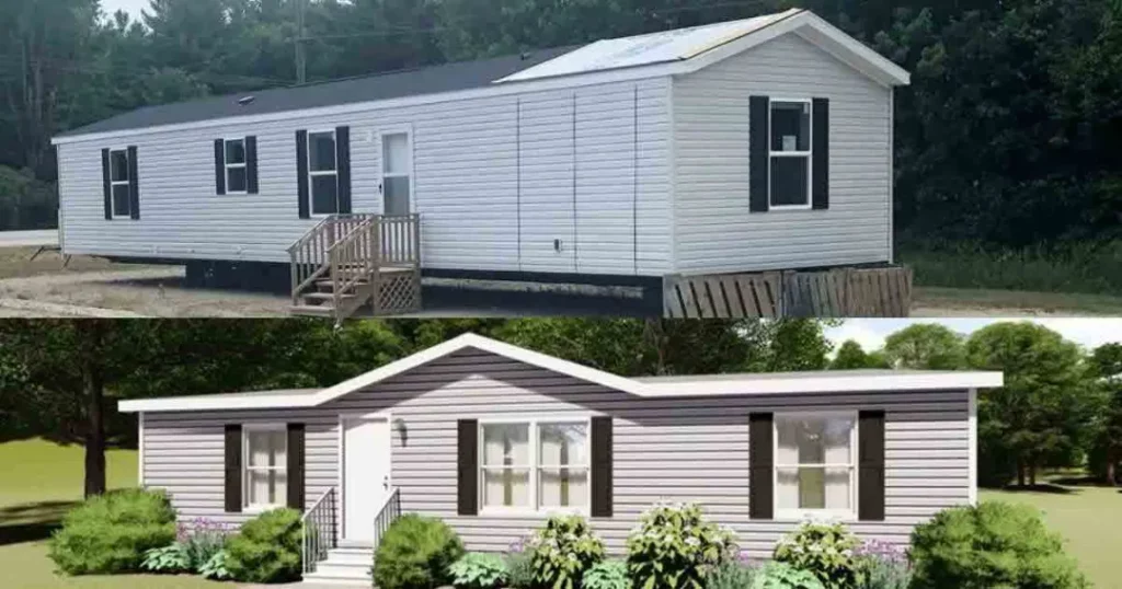 “Comparison of older and newer single-wide mobile homes showing exterior design improvements and mod