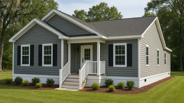 “Modern single-story manufactured home with gray siding, front porch, white railings, and landscaped