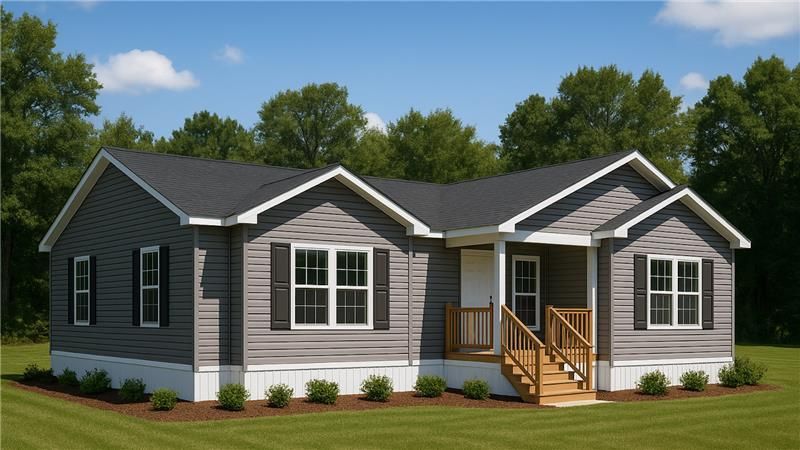 “Single-story manufactured home with gray siding, black shutters, front wooden steps, and surroundin