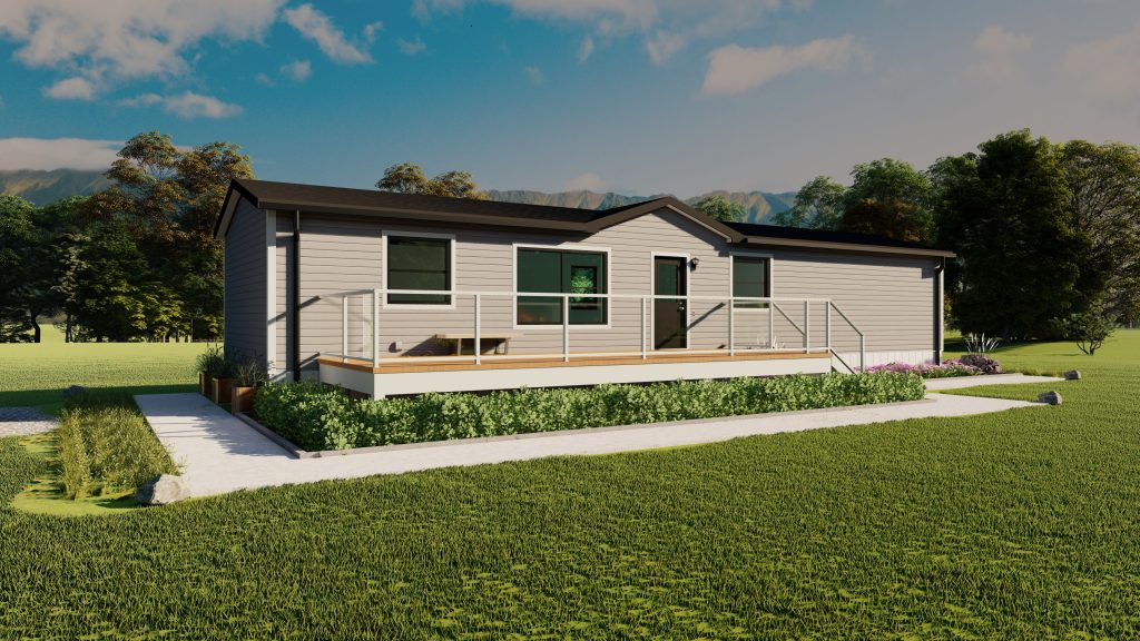 Modern single-story manufactured home with a wide accessibility ramp, light gray siding, and landscaped yard in a green outdoor setting.