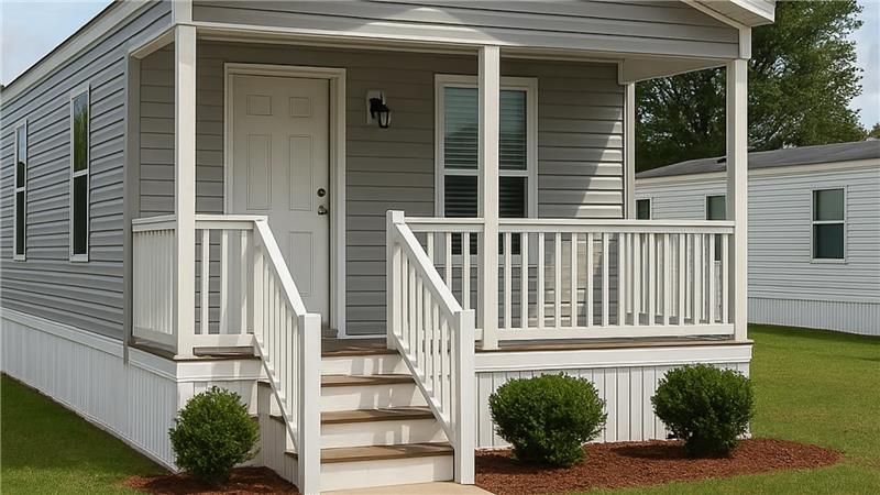 “Small manufactured home with front porch, white railings, and steps leading to the entrance in a residential park.”