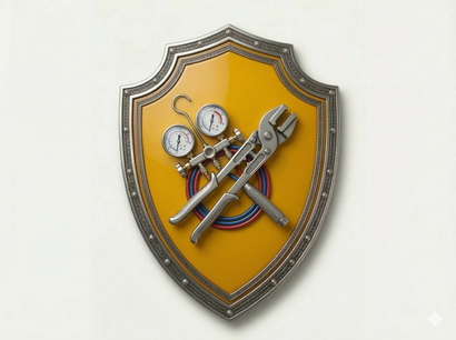 Shield plaque with crossed wrenches and gauges on a yellow background