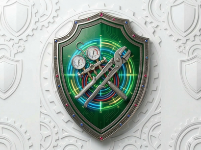 Shield emblem with neon green circuitry and tools on a white patterned background