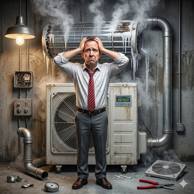 Man in a smoky boiler room with hands on head beside a broken HVAC unit and scattered tools