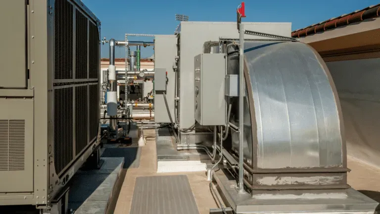 Rooftop HVAC equipment and large metal ventilation ducts under a clear blue sky