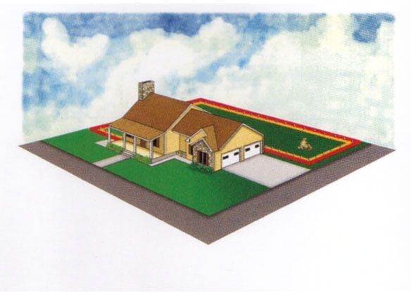 An aerial view of a house with a lawn in front of it