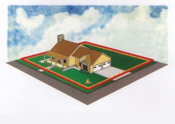 An isometric drawing of a house with a fence around it