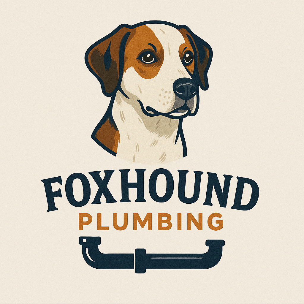 Foxhound dog logo with plumbing pipe;