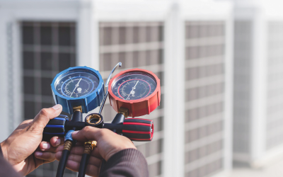 blue and red HVAC gauge set,