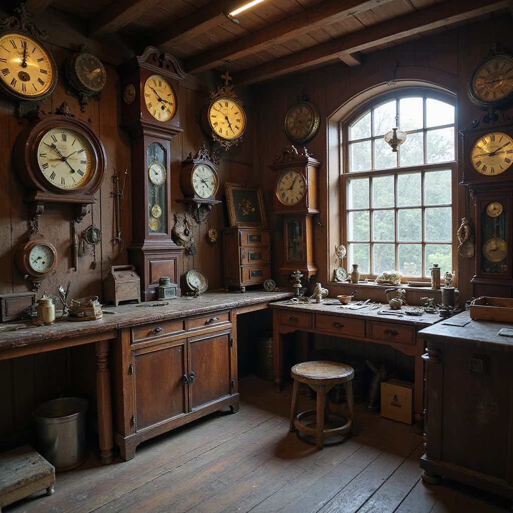 A clockmaker's workshop. Antique clocks adorn wooden walls. A desk with tools sits by a large window.