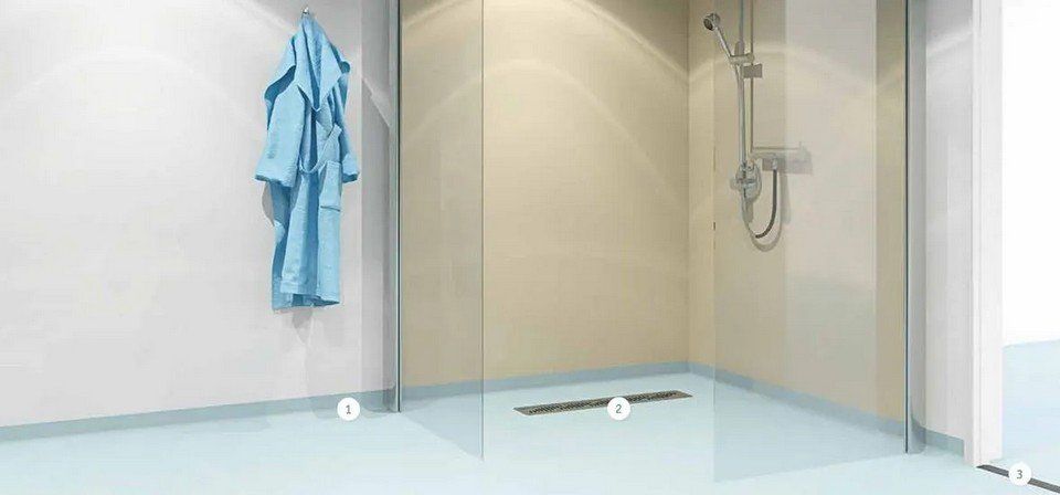 pavimento celeste dentro una struttura sanitaria