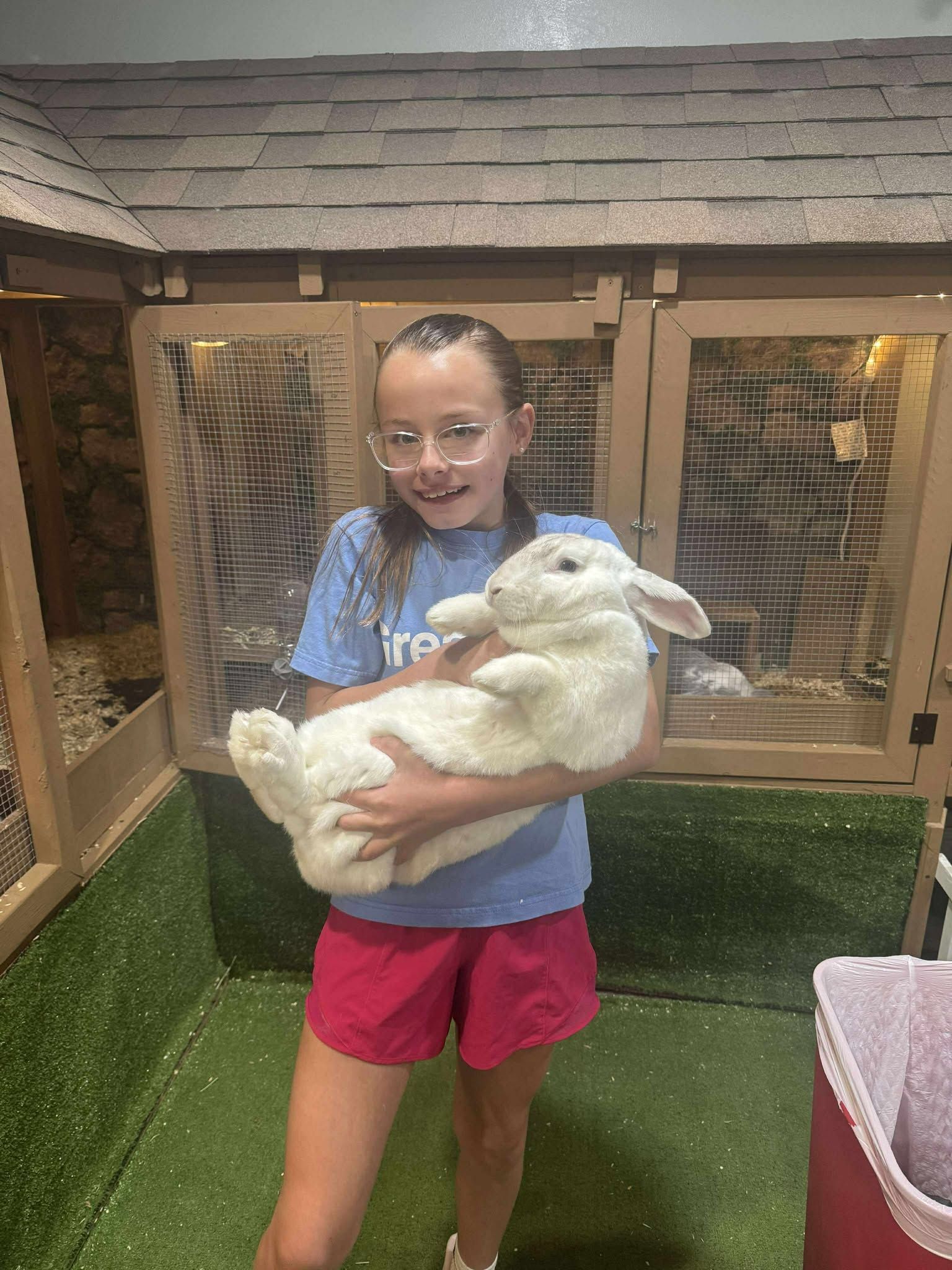 A young girl is holding a white rabbit in front of a cage.