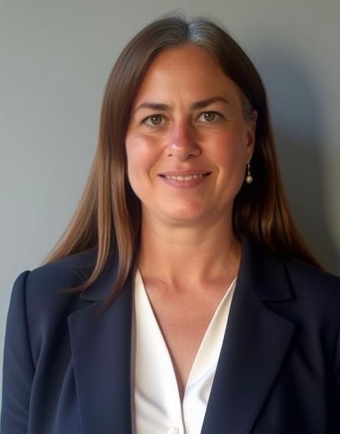 Angela Copleston wearing blue formal attire