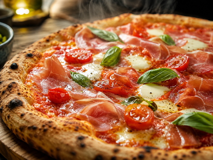 Pizza Margherita con pomodorini, basilico e mozzarella fusa su una base rustica