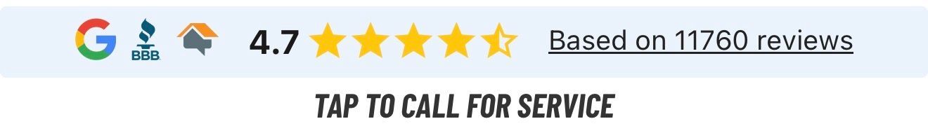 Google rating banner with 4.7 stars, “Based on 11,760 reviews,” and “Tap to call for service.”