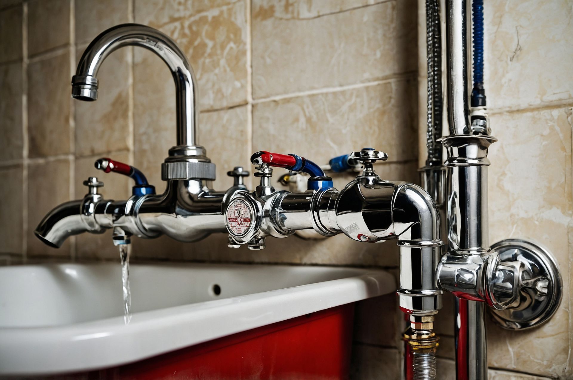 Technician kneeling under a sink, inspecting pipes with tools in a tiled bathroom.