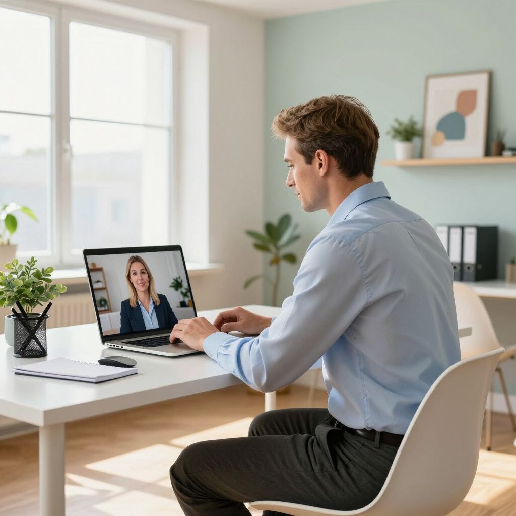 A person in a light blue shirt works on a laptop, video calling a professional in an office setting.