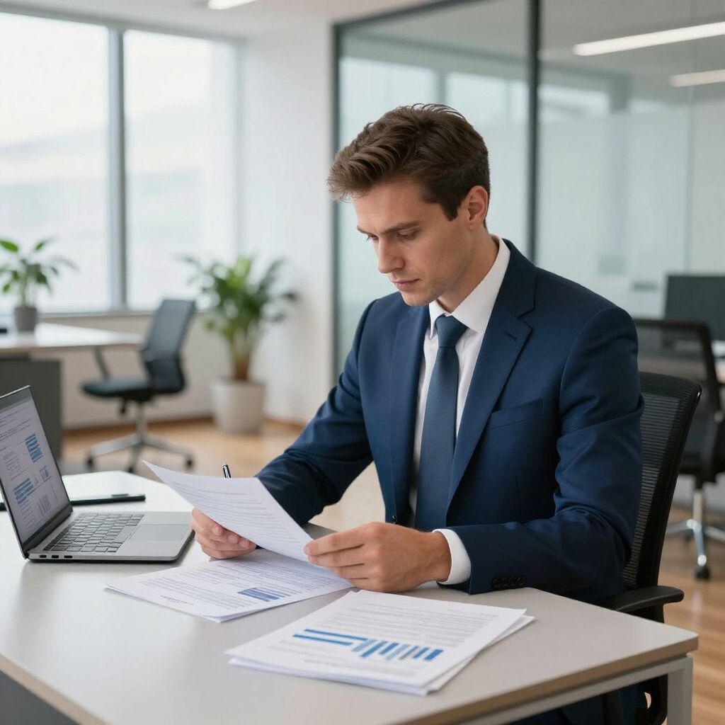 A business professional in a suit reviews documents at a desk in a bright office with a laptop, chairs, and plants.