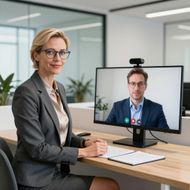 A professional in a suit sits at a desk with an open laptop, video-calling a colleague on a computer monitor.