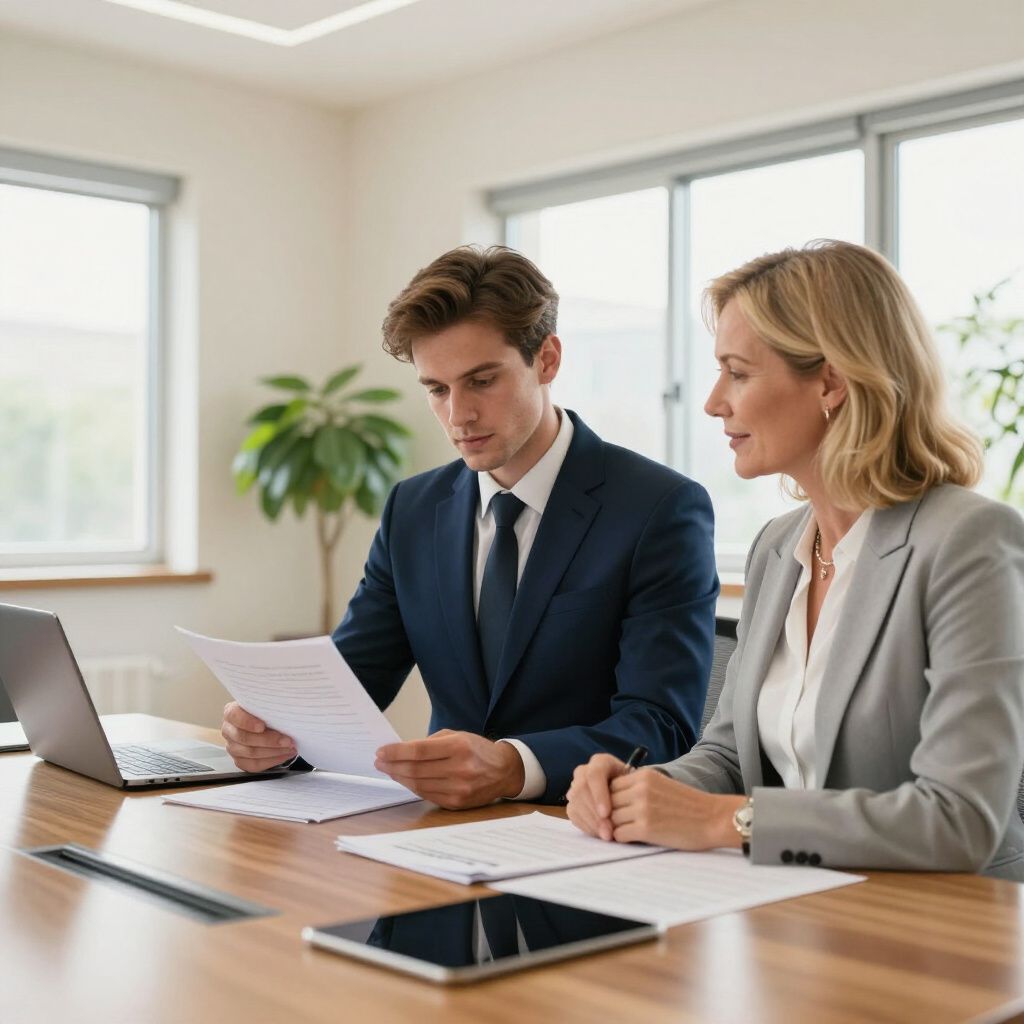 Two professionals in business attire review documents at a wooden conference table in a bright office.