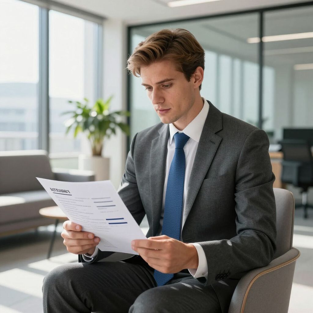 A person in a suit and blue tie sitting in an office chair, reviewing a document.