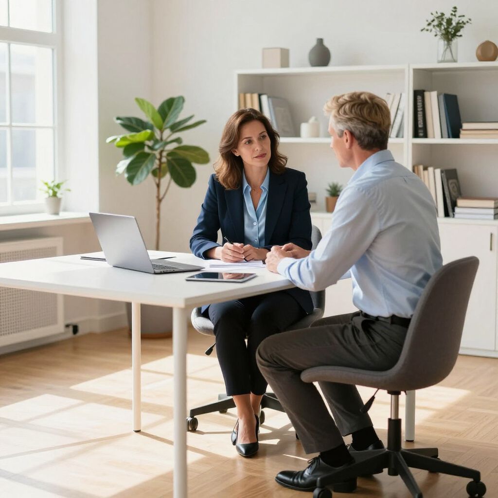 A professional seated at a desk talks with a person in a chair in a bright, modern office with a bookshelf and a plant.