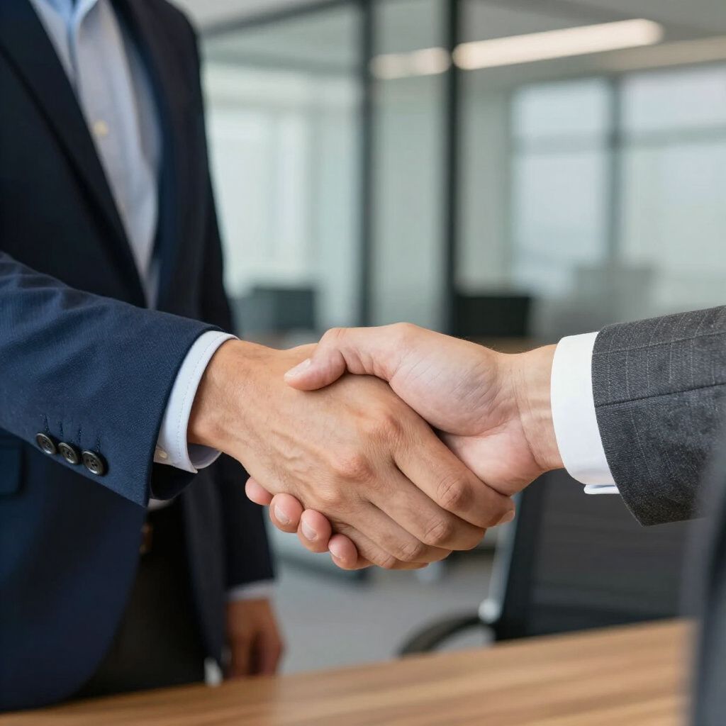 Two people in business suits shake hands over a desk in a blurred office setting.