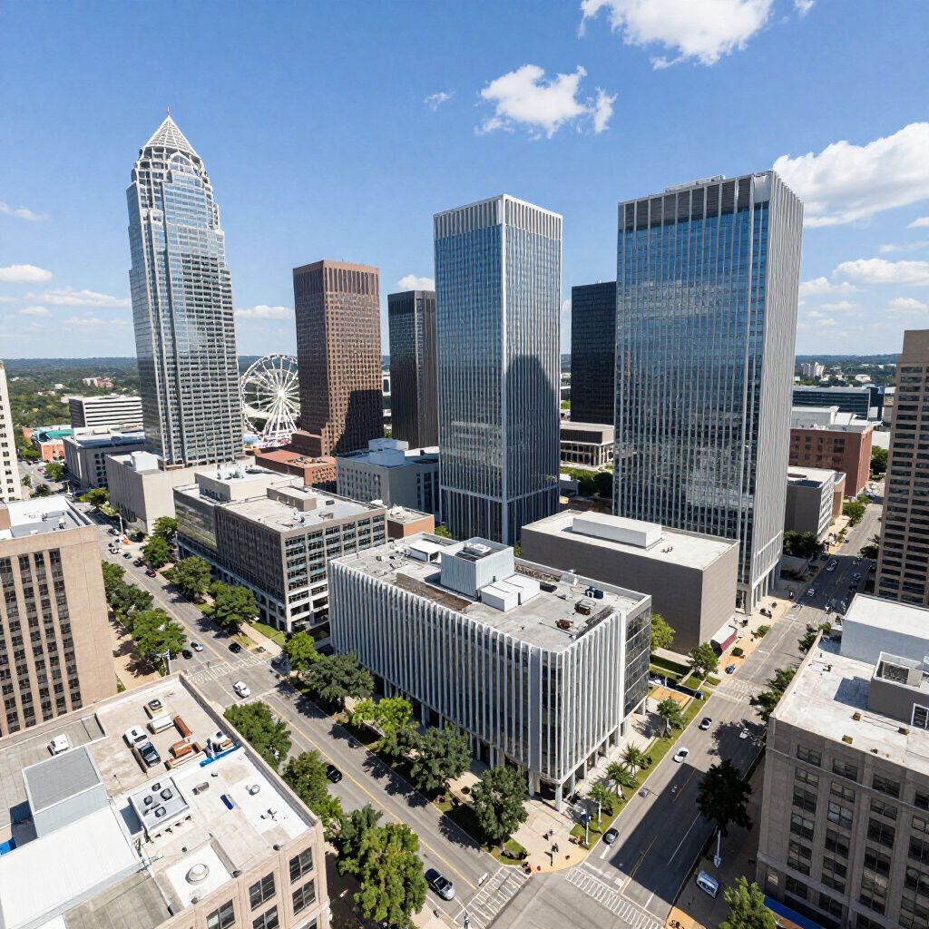 Aerial view of the Cleveland, Ohio skyline with its glass skyscrapers and city streets under a sunny blue sky.
