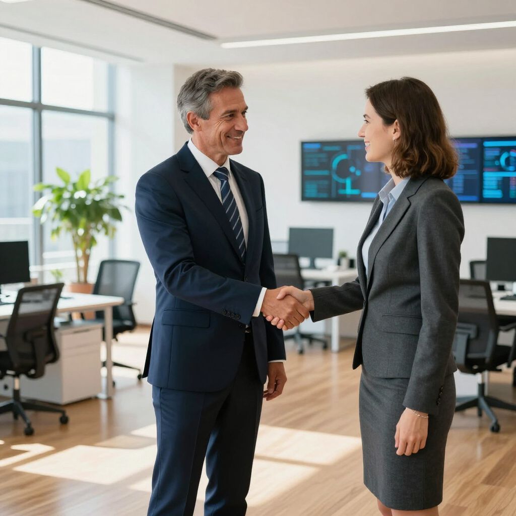 A professional in a navy suit shakes hands with a professional in a grey suit in a bright, modern office.