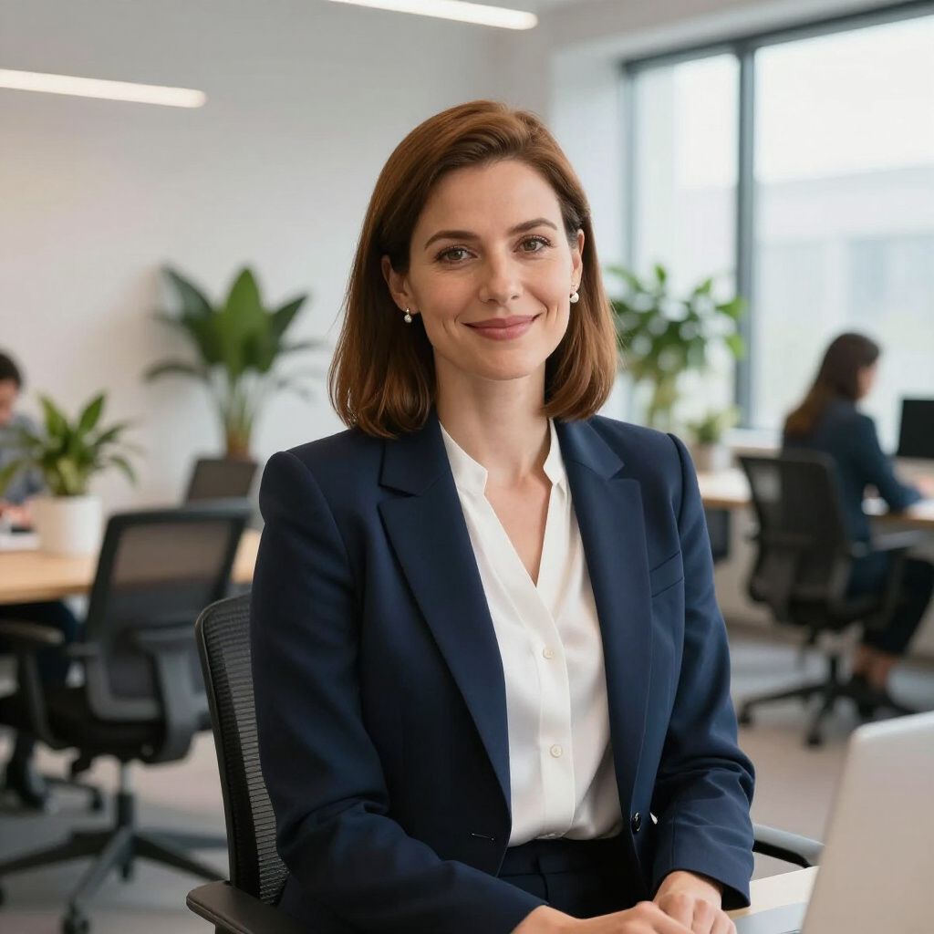 A smiling person in a blue blazer sits at a desk in a brightly lit, modern office with coworkers in the background.
