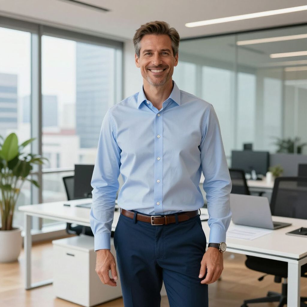 A smiling person wearing a light blue button-down shirt and dark pants stands in a modern, bright office workspace.
