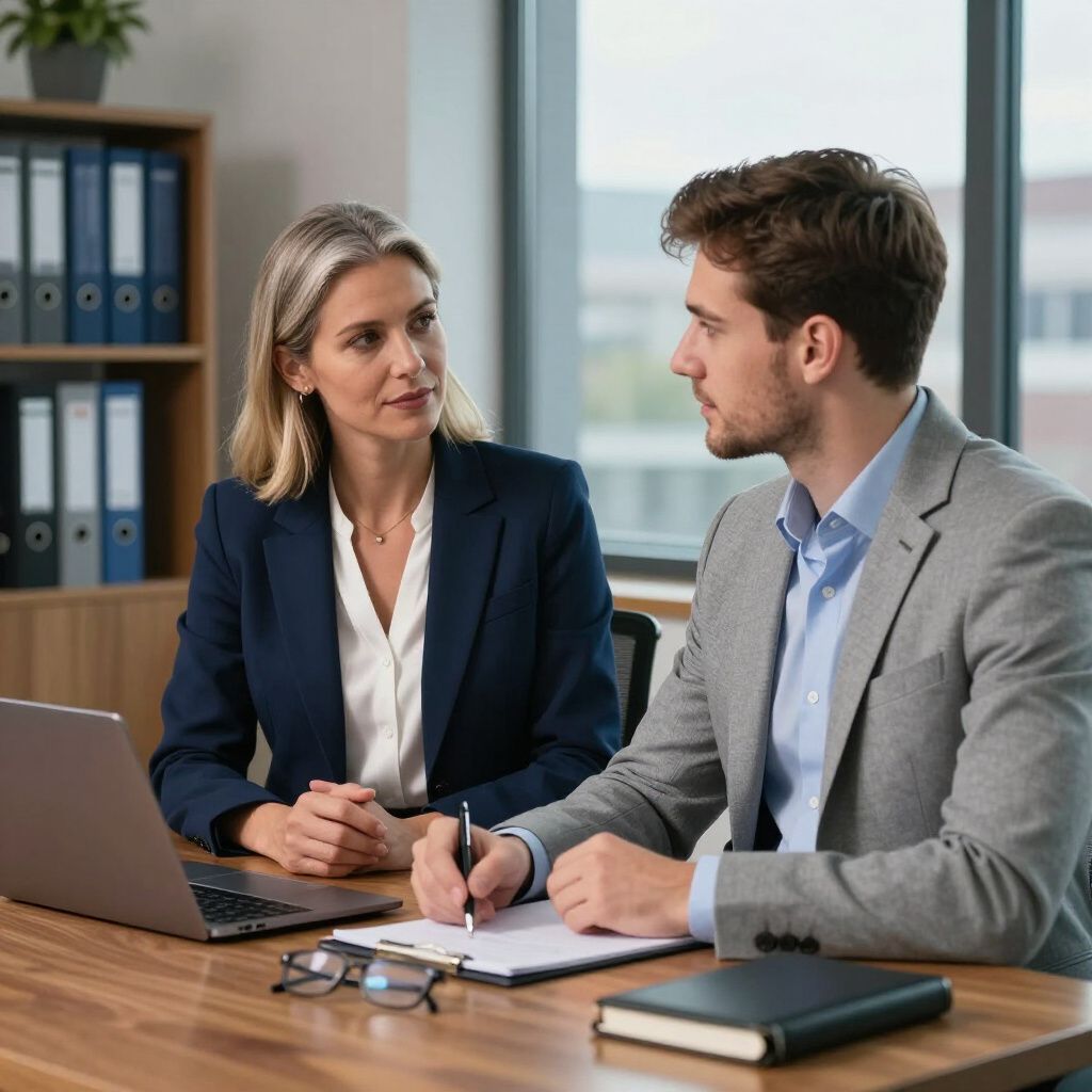 Two professionals in business attire collaborate at a desk with a laptop, paper, and pen in a modern office.
