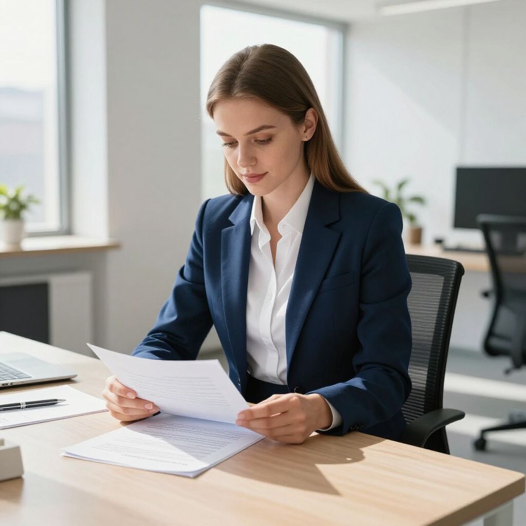 A professional in a suit reviewing documents at a desk in a bright, modern office.