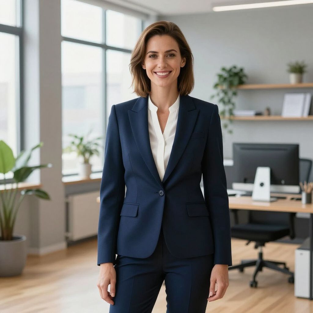 A person in a dark blue suit and white shirt smiles while standing in a bright, modern office with plants and a desk.