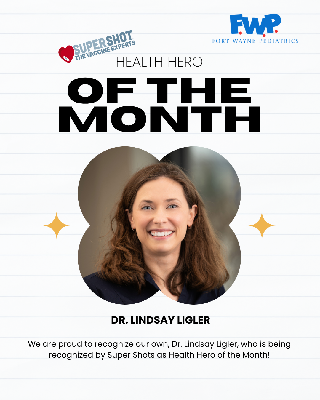 Healthcare employee spotlight graphic featuring Dr. Lindsay Liller’s portrait and “of the Month” text.