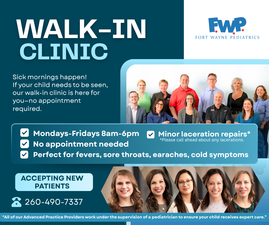 Walk-in clinic ad with doctors, blue banner, hours, and services like no appointment needed and minor injury repair