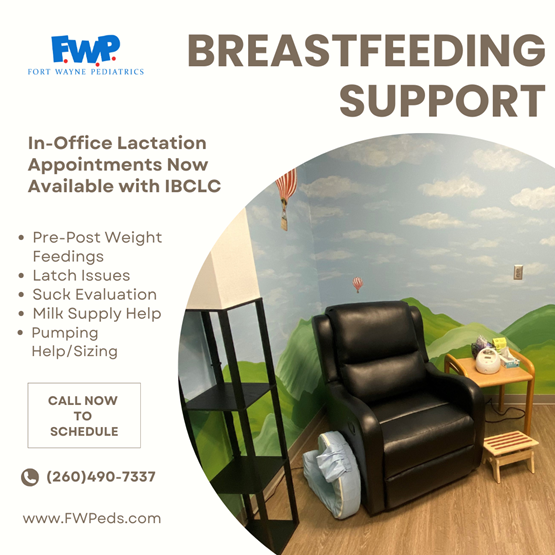 Breastfeeding support flyer with armchair, lamp, and list of lactation services and appointment info