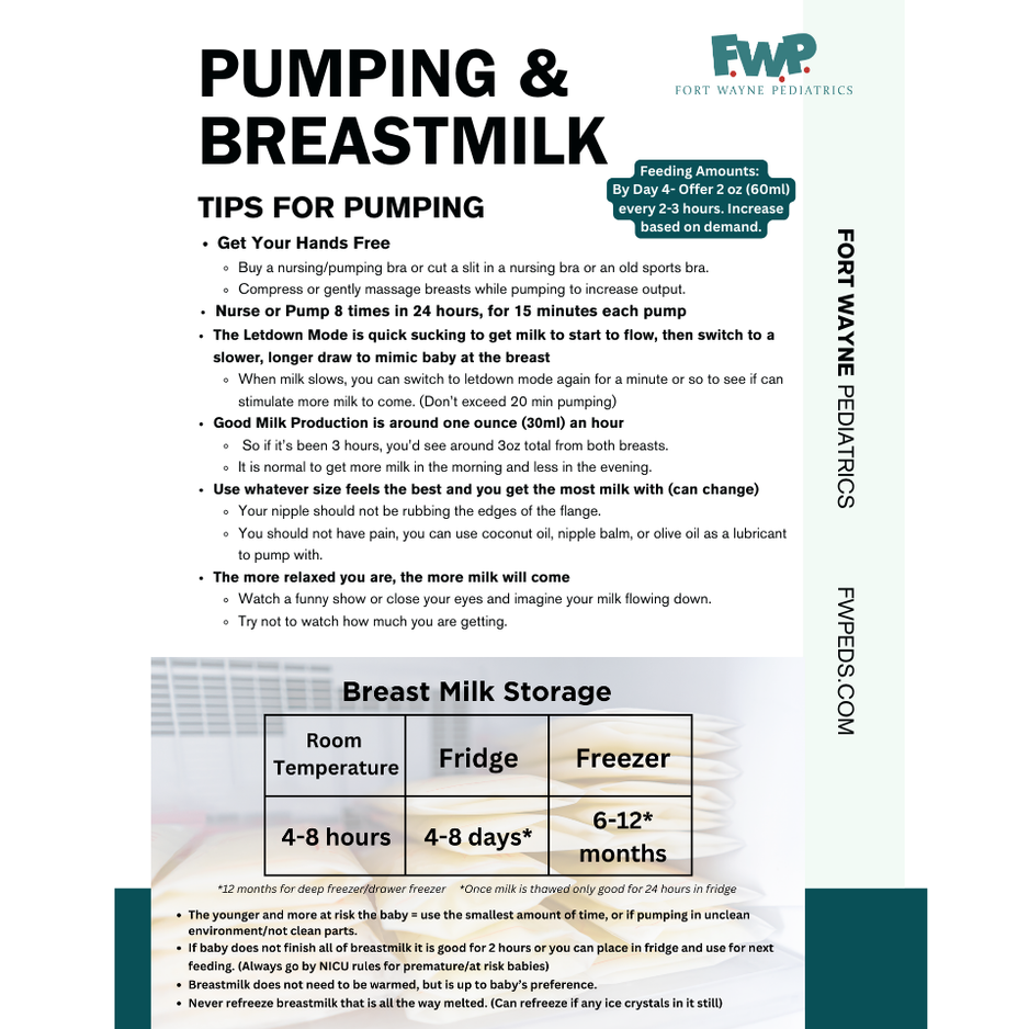 Pumping and breastmilk storage tips infographic with teal accents and timing chart for room, fridge, freezer.