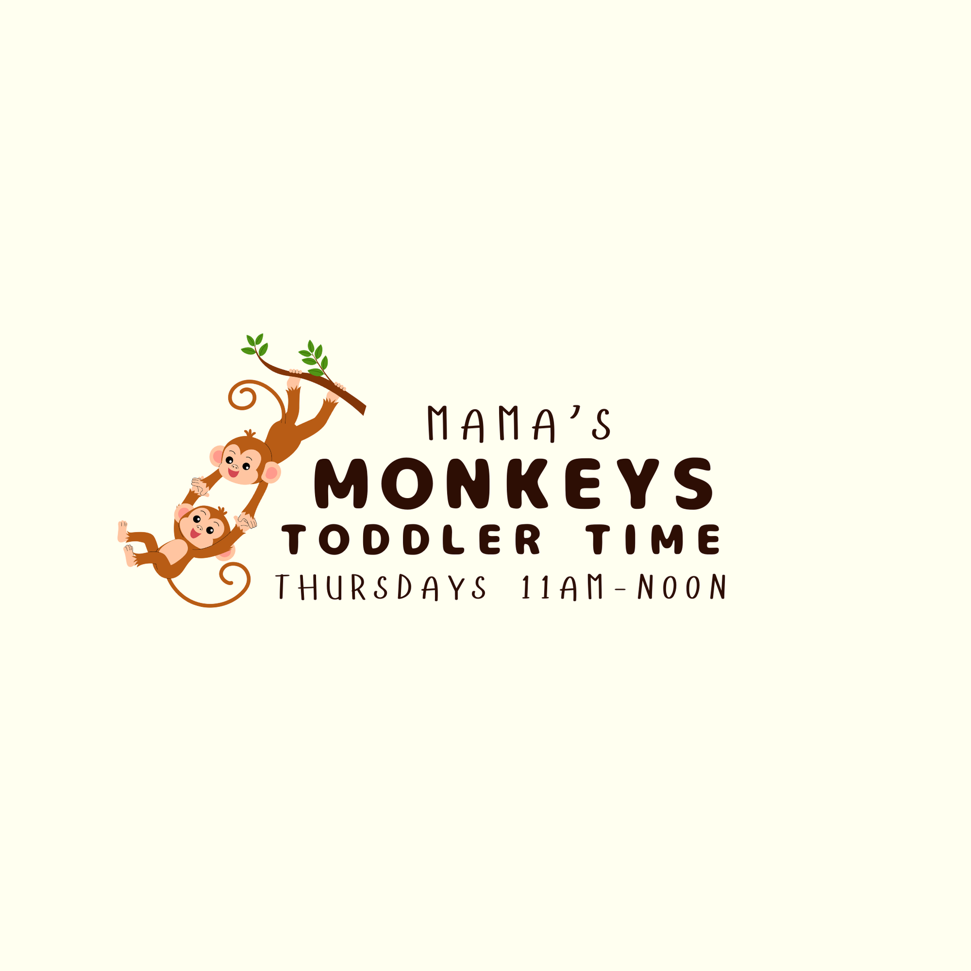 Mama’s Monkeys Toddler Time logo with a playful monkey on a branch; Thursdays 11am–noon.