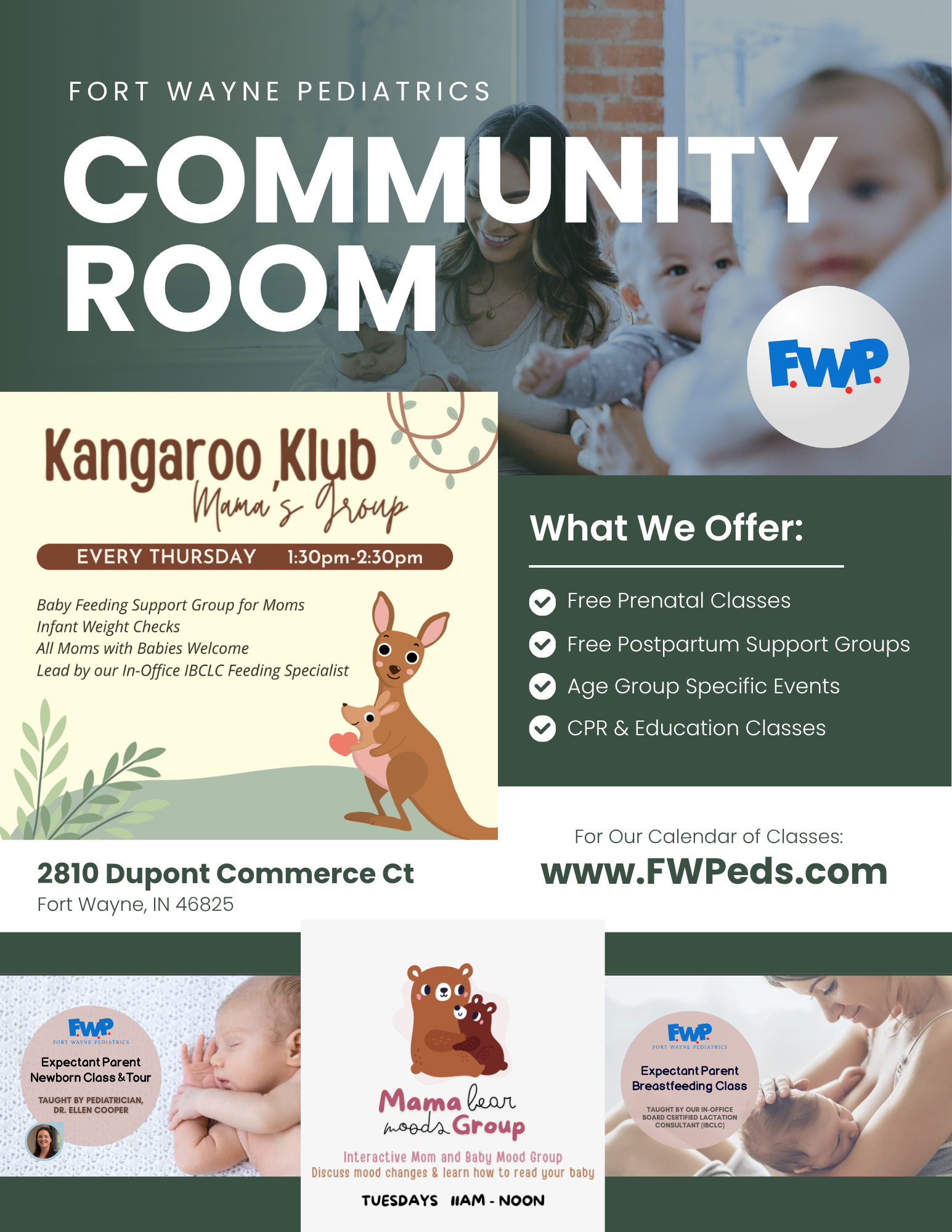 Flyer for Fort Wayne Pediatrics Community Room and Kangaroo Klub with service details and contact info