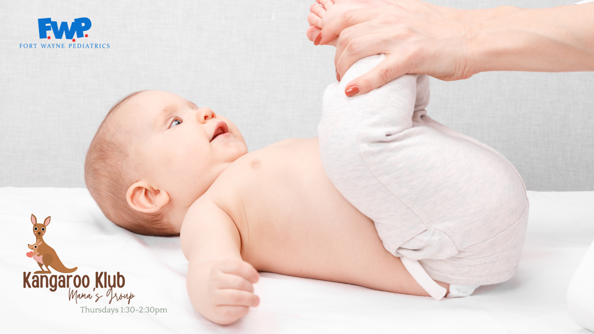 Click to Learn More Baby on white blanket reaching for adult hand; kangaroo care poster with logos.