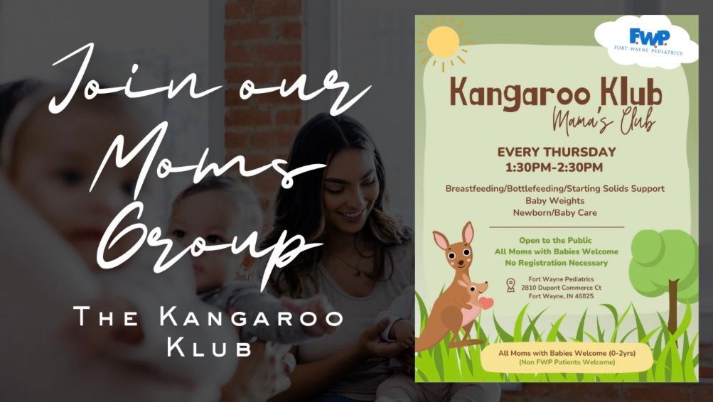 Join our Moms Group at The Kangaroo Klub; flyer beside a woman reading, with cartoon kangaroo and event details on green background. Feeding Support  Group - Thursdays 1:30-2:30