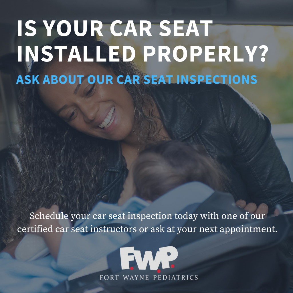 Car seat inspection ad with smiling parent and child; text asks if your car seat is installed properly.