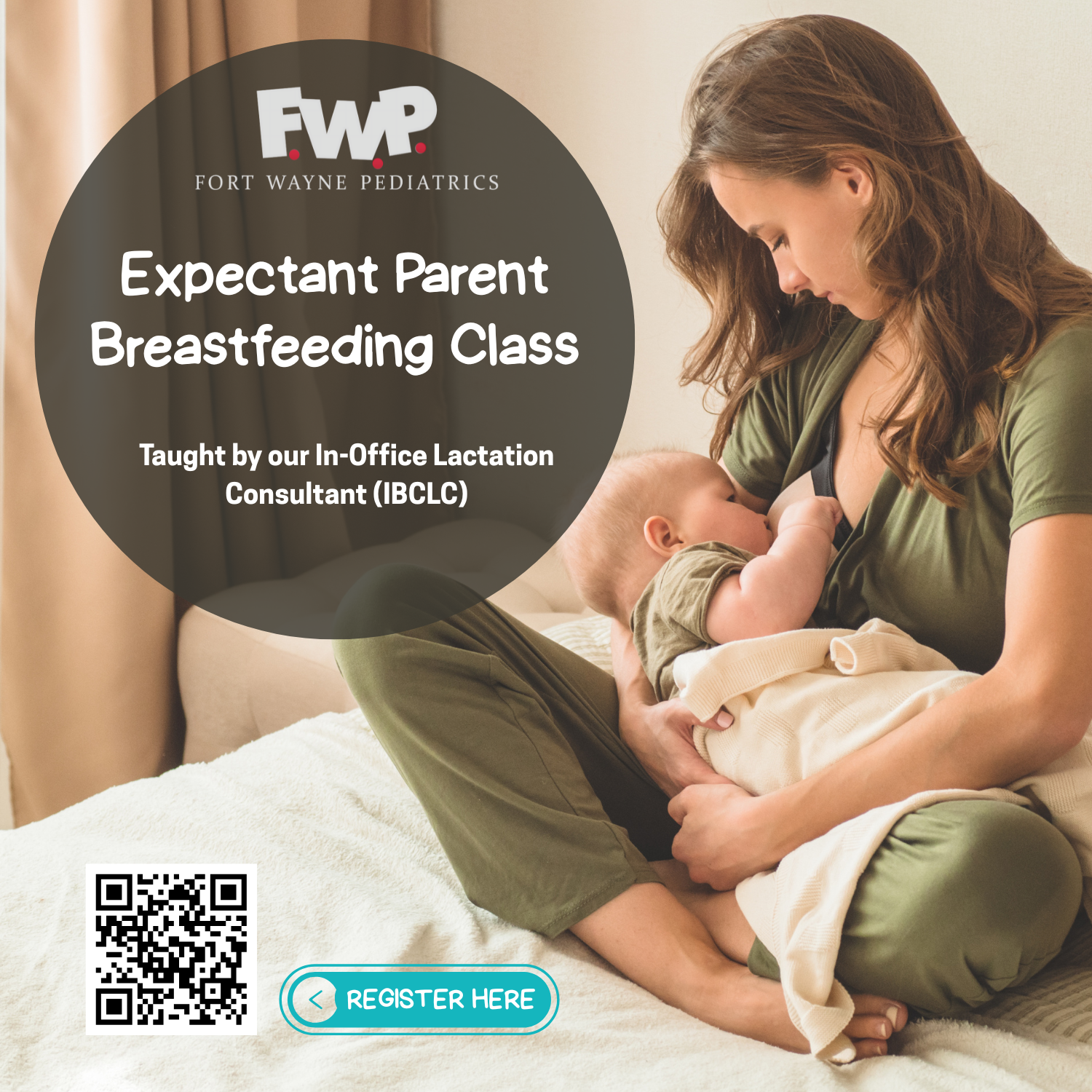 Expectant Parent Breastfeeding Class poster with mother nursing baby, QR code, and “Register Here” button