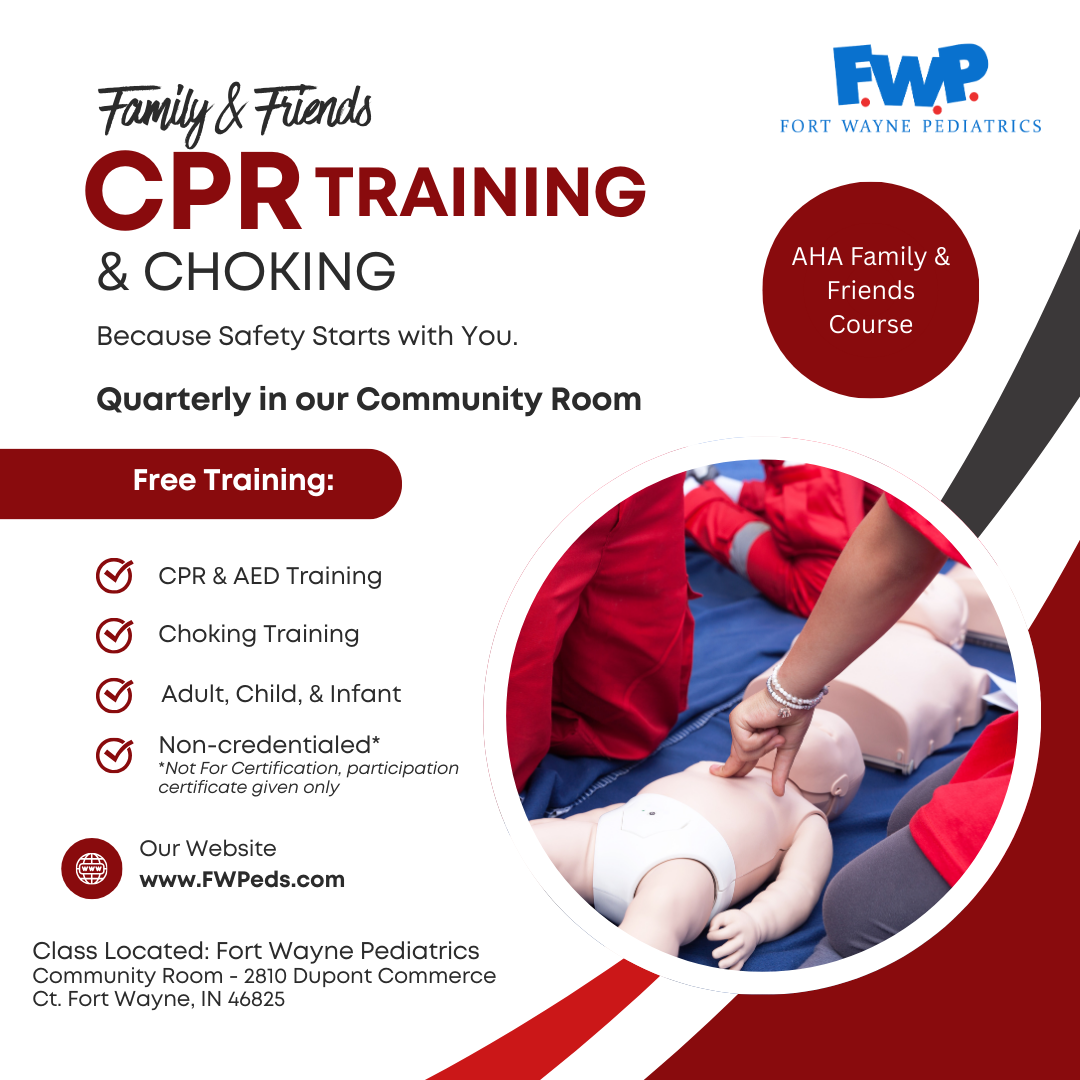Flyer for Family & Friends CPR training and choking class, with hands-on CPR photo and event details