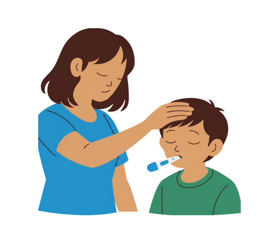 Adult checks a child's forehead with a thermometer, both calm, on a white background