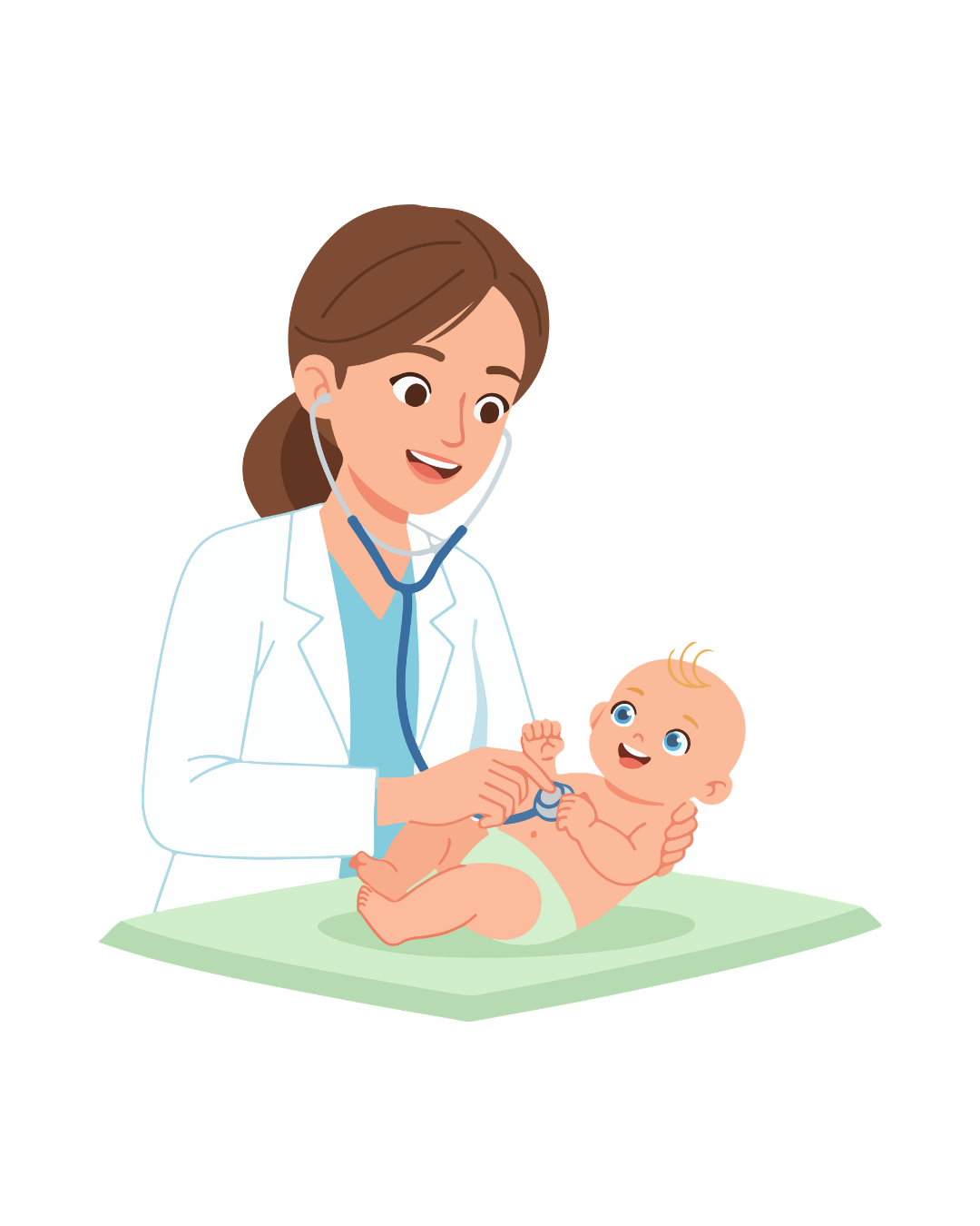 A medical professional using a stethoscope to examine a smiling baby on a light green changing pad.