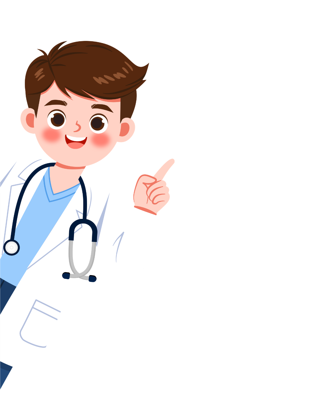 Cartoon doctor in a white coat with a stethoscope, smiling and pointing upward.