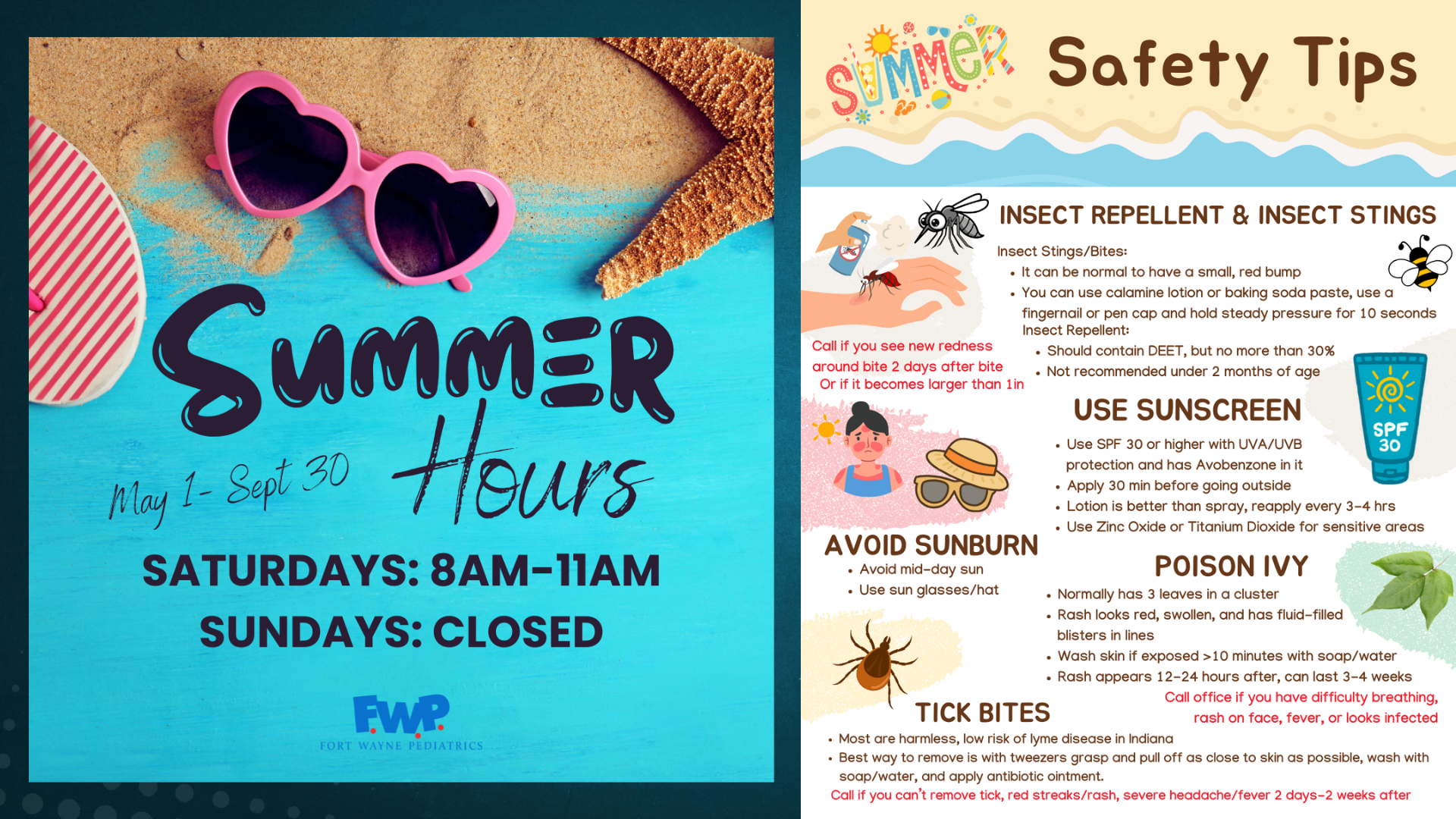 Summer splashing and safety tips flyer with bright blue background and beach-themed graphics