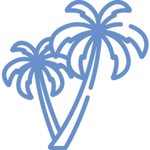 a blue icon of two palm trees on a white background .